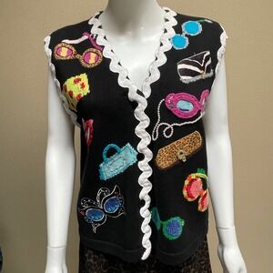 Vintage 90s Womens Black Knit Beaded Appliquéd Vest Fun Sunglasses Purses Size L